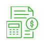 A green line art of a calculator and a paper