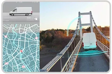 A white van driving on a bridge with GPS map and tracking software installed